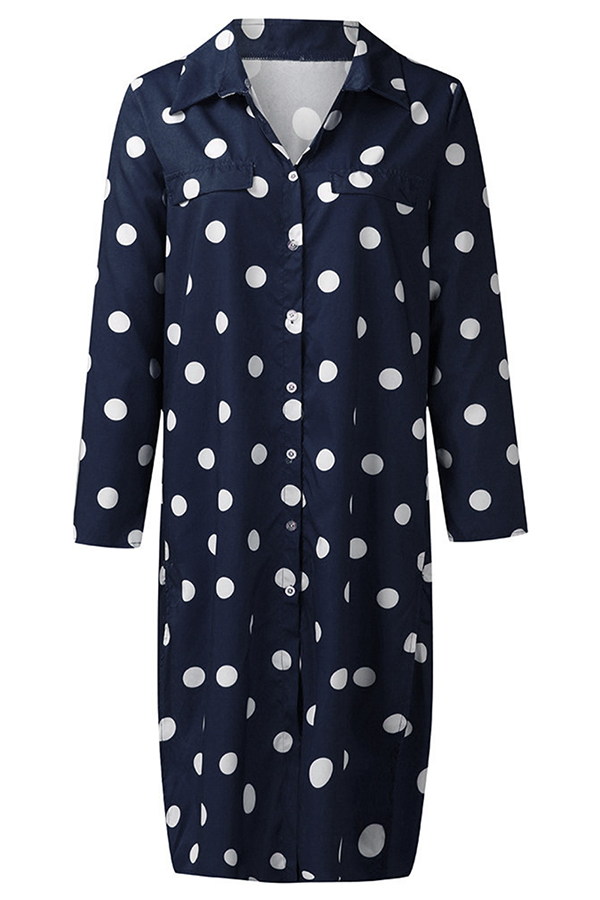 Casual Polka Dot Buckle Slit Turndown Collar Shirt Dress Dresses (Without Belt)(4 Colors)