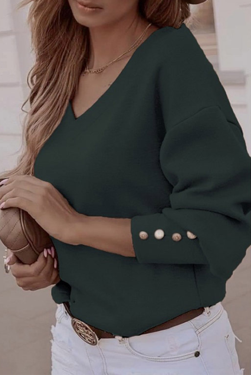 Casual Solid Patchwork Buckle V Neck Tops