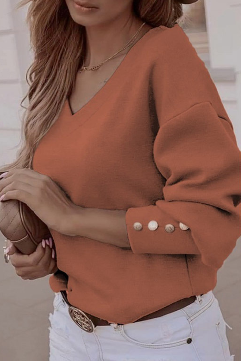 Casual Solid Patchwork Buckle V Neck Tops