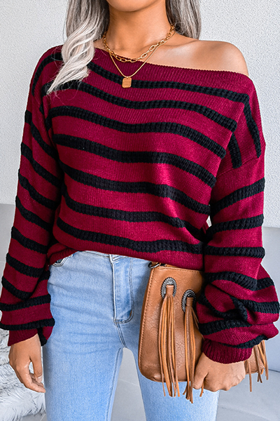 Casual Striped Patchwork Contrast Off the Shoulder Sweaters(3 Colors)