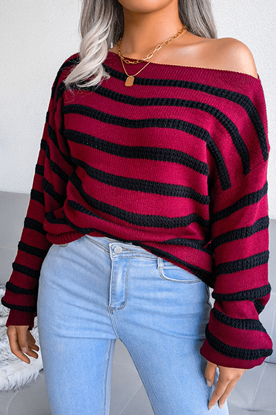 Casual Striped Patchwork Contrast Off the Shoulder Sweaters(3 Colors)