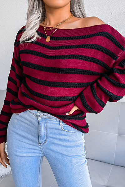 Casual Striped Patchwork Contrast Off the Shoulder Sweaters(3 Colors)