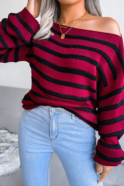 Casual Striped Patchwork Contrast Off the Shoulder Sweaters(3 Colors)
