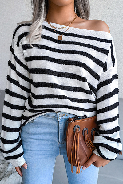 Casual Striped Patchwork Contrast Off the Shoulder Sweaters(3 Colors)