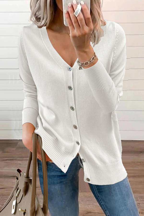 Casual Solid Patchwork Buckle V Neck Sweater(12 Colors)