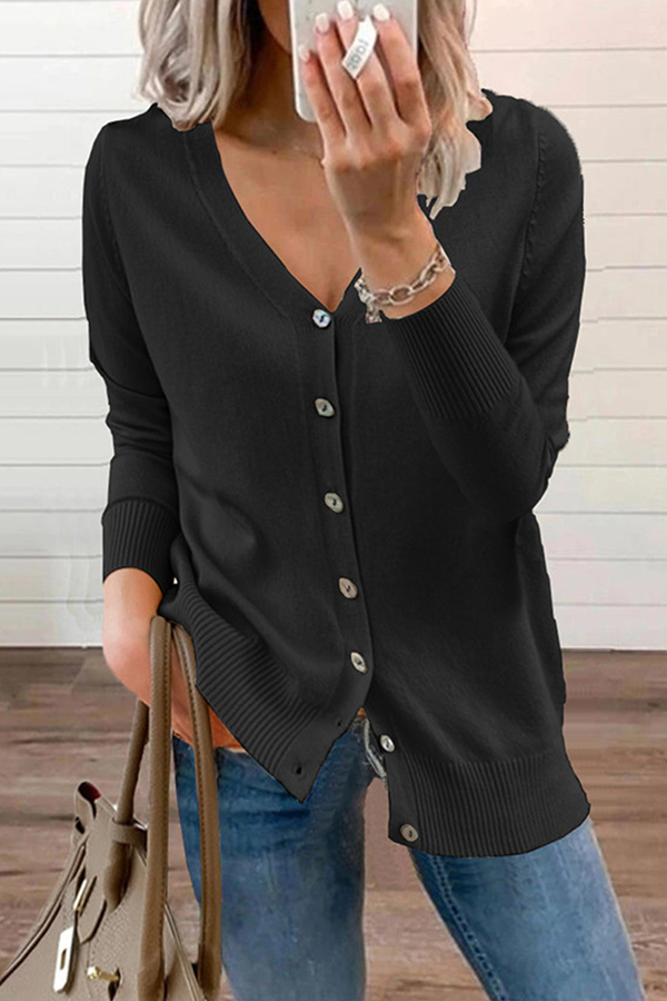 Casual Solid Patchwork Buckle V Neck Sweater(12 Colors)