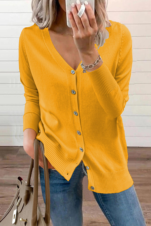 Casual Solid Patchwork Buckle V Neck Sweater(12 Colors)
