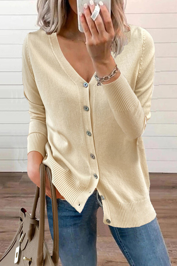 Casual Solid Patchwork Buckle V Neck Sweater(12 Colors)