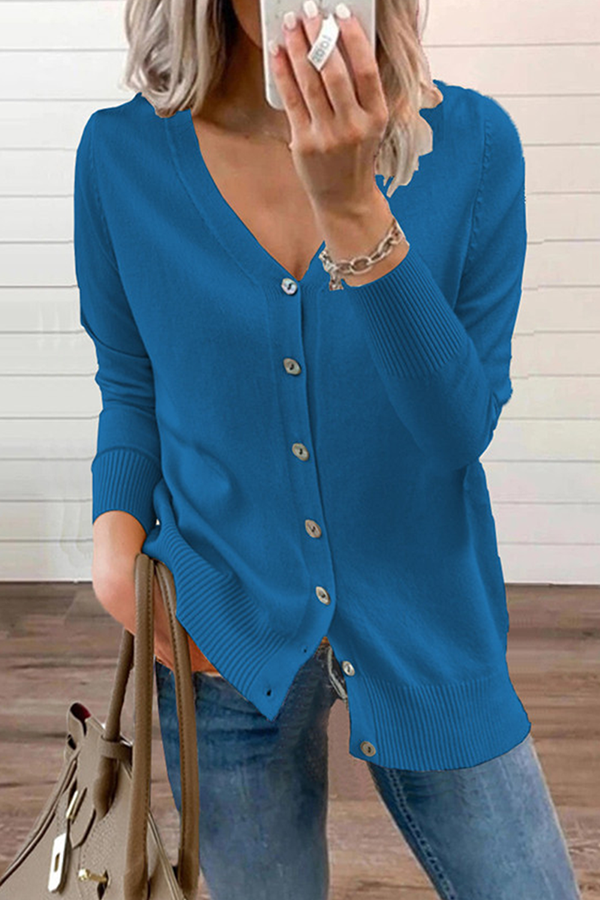 Casual Solid Patchwork Buckle V Neck Sweater(12 Colors)
