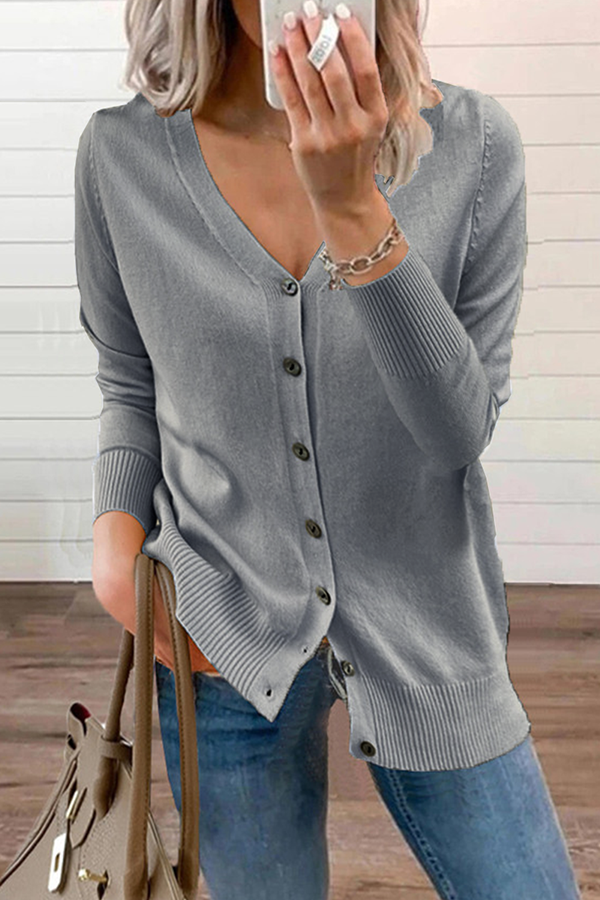 Casual Solid Patchwork Buckle V Neck Sweater(12 Colors)