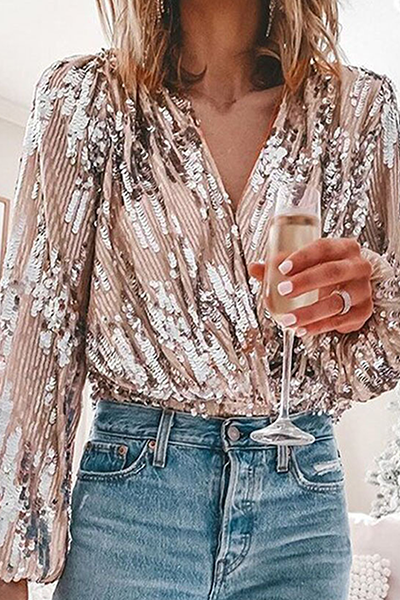 Fashion Elegant Patchwork Fold Sequins V Neck Blouses