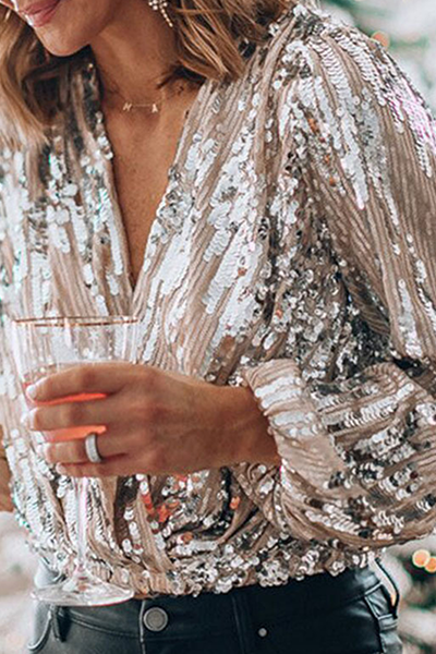Fashion Elegant Patchwork Fold Sequins V Neck Blouses