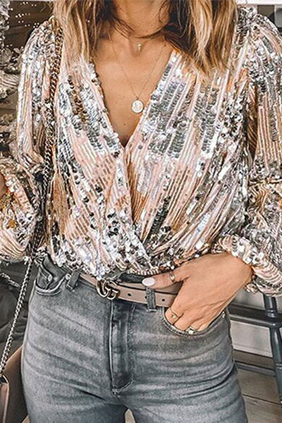 Fashion Elegant Patchwork Fold Sequins V Neck Blouses
