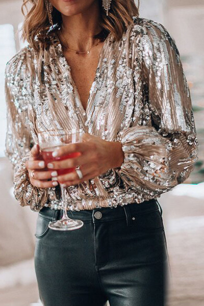 Fashion Elegant Patchwork Fold Sequins V Neck Blouses