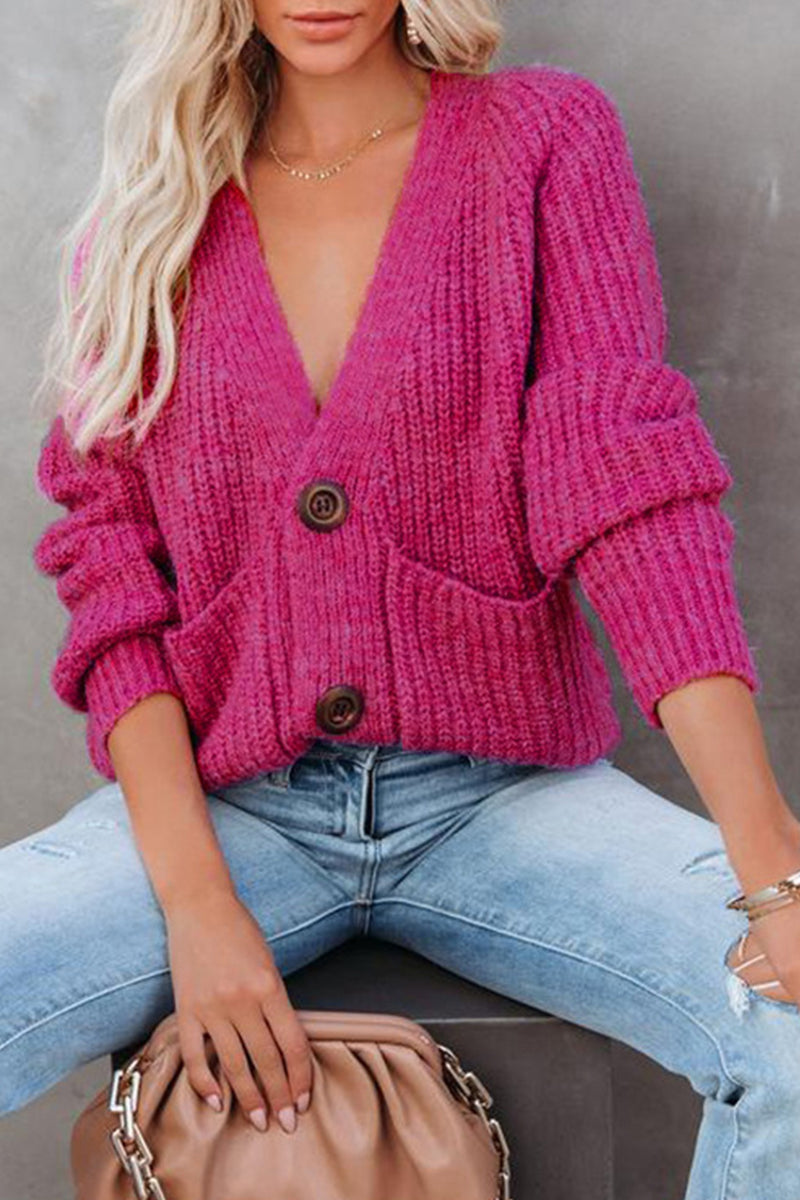 Casual Solid Pocket Buttons V Neck Sweaters(7 Colors)