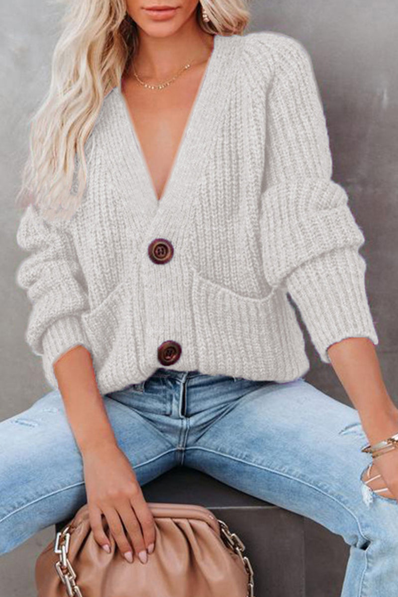 Casual Solid Pocket Buttons V Neck Sweaters(7 Colors)