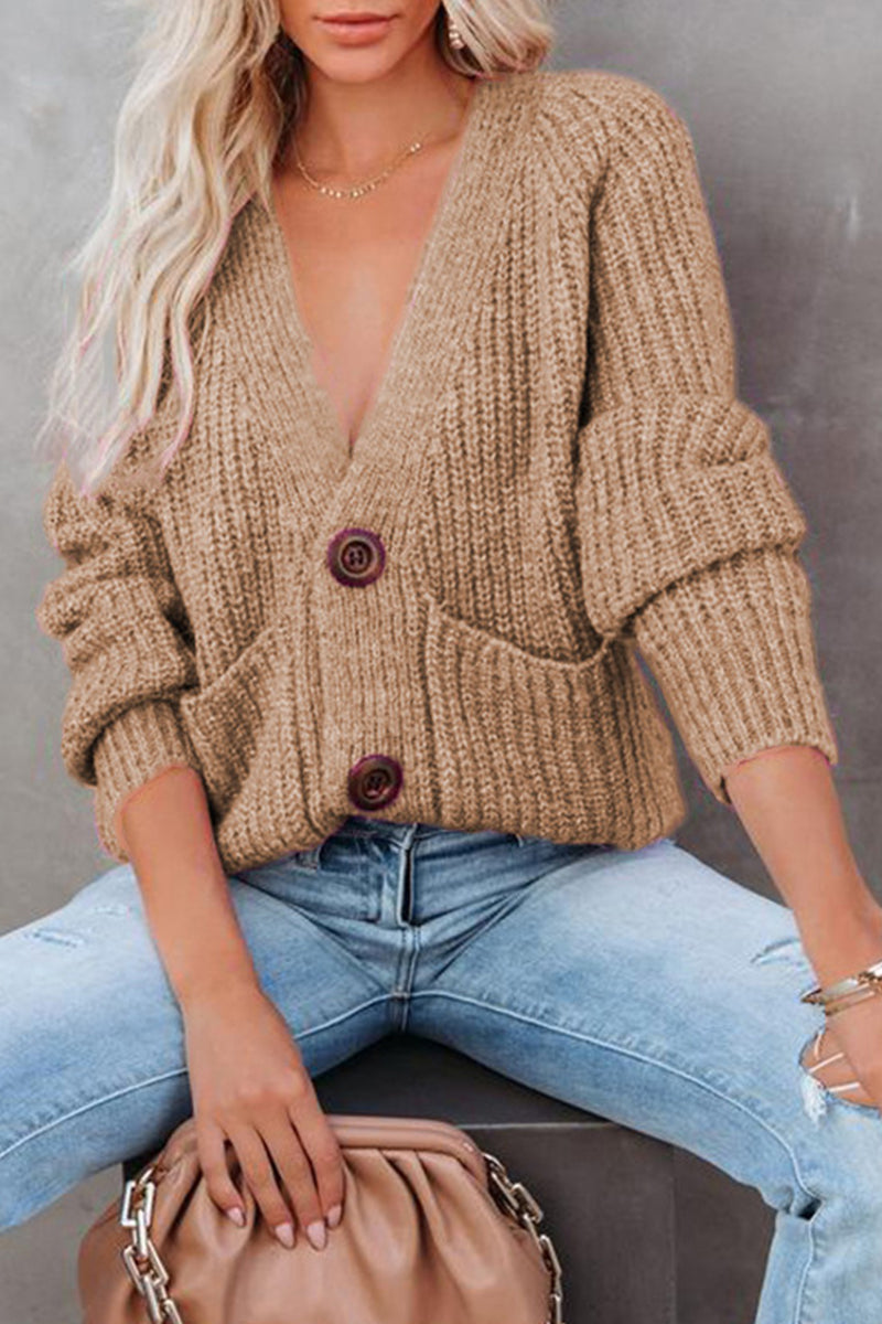 Casual Solid Pocket Buttons V Neck Sweaters(7 Colors)