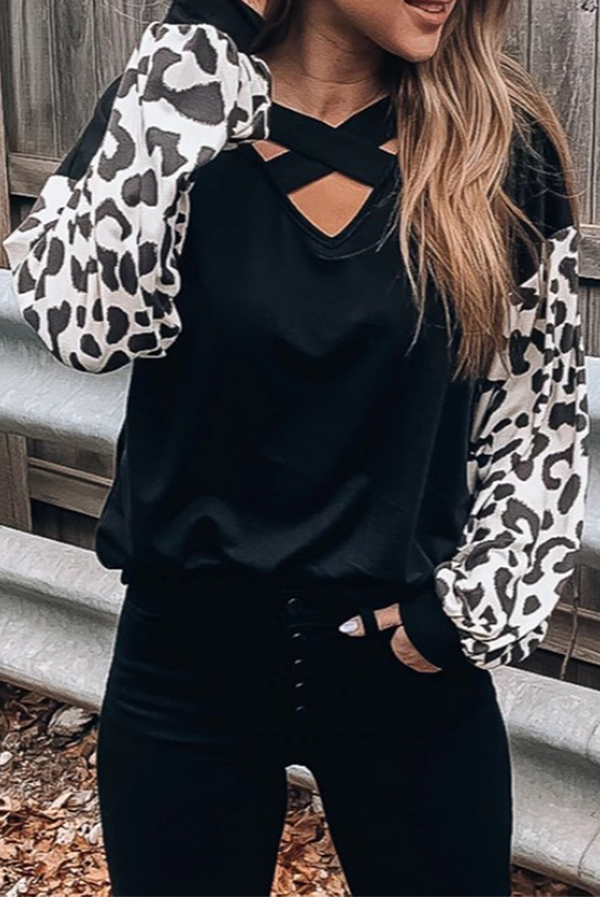 Casual Leopard Hollowed Out Split Joint V Neck Tops