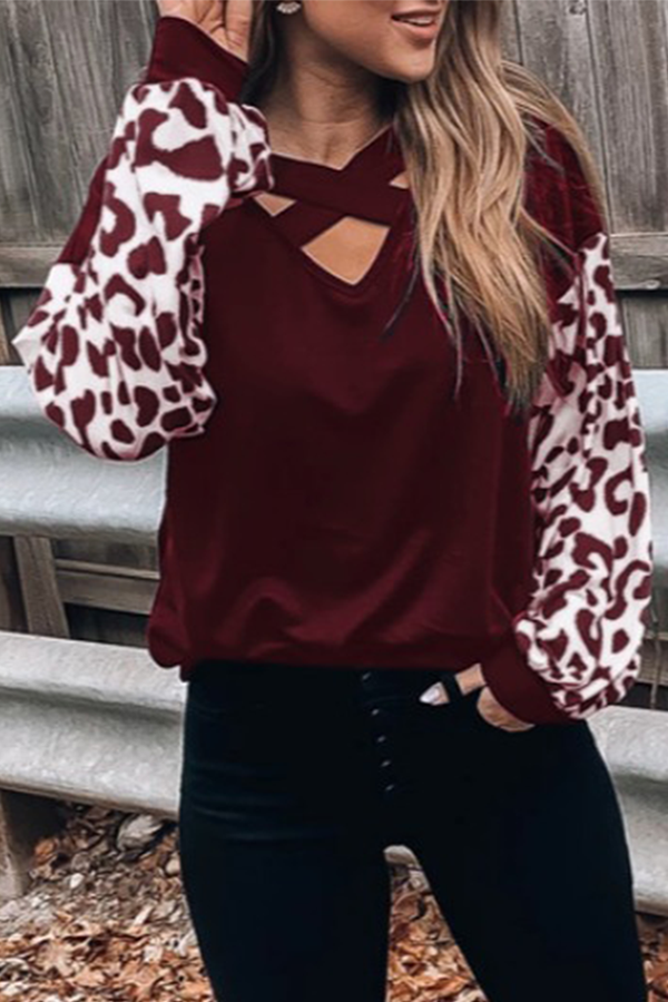 Casual Leopard Hollowed Out Split Joint V Neck Tops