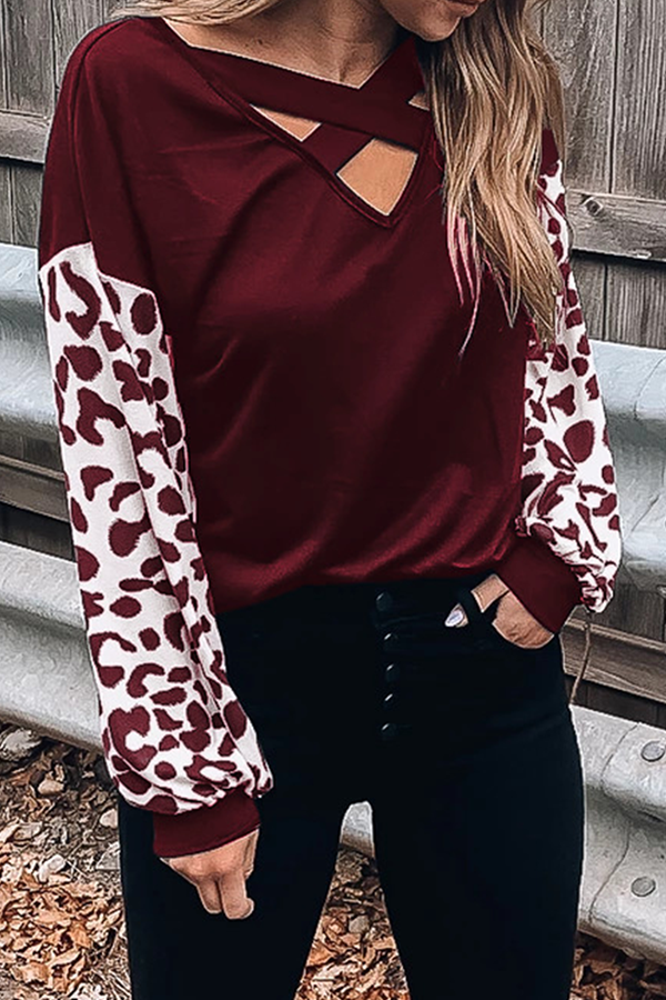 Casual Leopard Hollowed Out Split Joint V Neck Tops