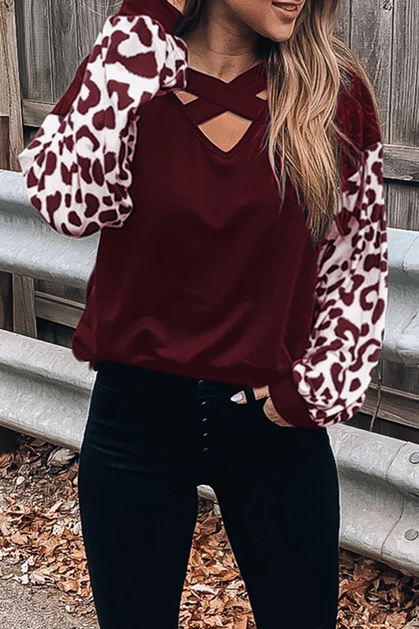 Casual Leopard Hollowed Out Split Joint V Neck Tops