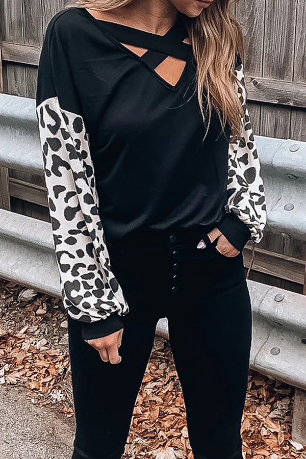 Casual Leopard Hollowed Out Split Joint V Neck Tops
