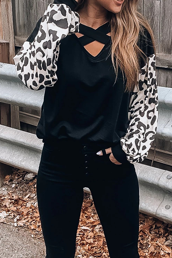 Casual Leopard Hollowed Out Split Joint V Neck Tops