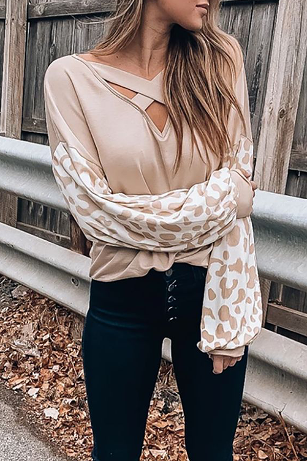Casual Leopard Hollowed Out Split Joint V Neck Tops