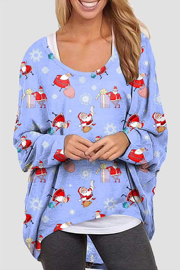 Casual Santa Claus Snowman Printed Basic O Neck Tops(5 Colors)