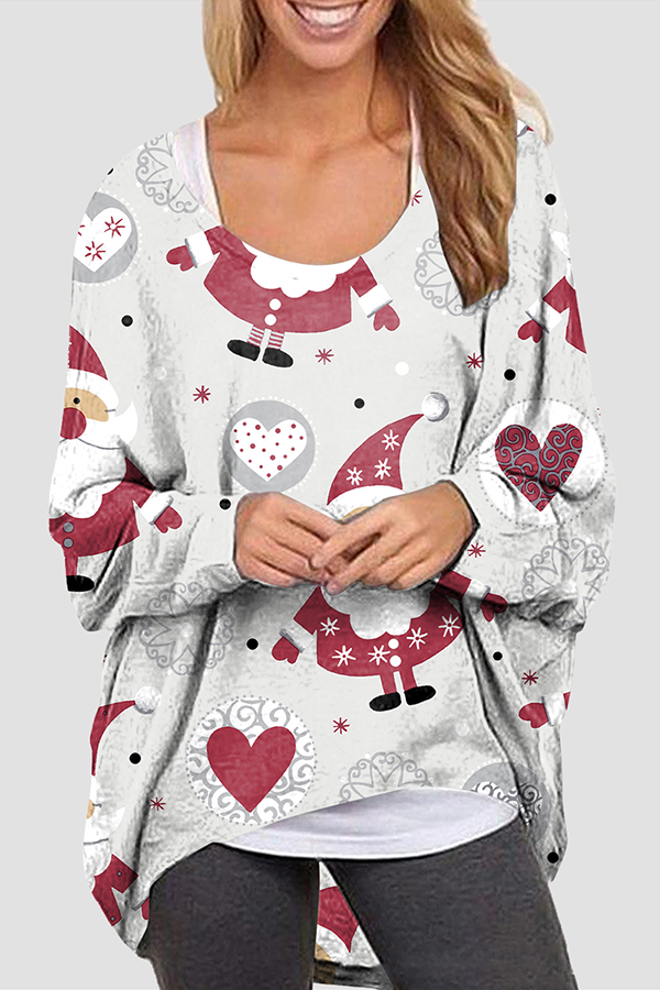 Casual Santa Claus Snowman Printed Basic O Neck Tops(5 Colors)