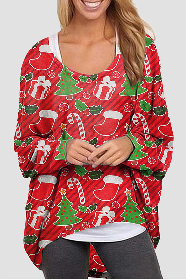 Casual Santa Claus Snowman Printed Basic O Neck Tops(5 Colors)