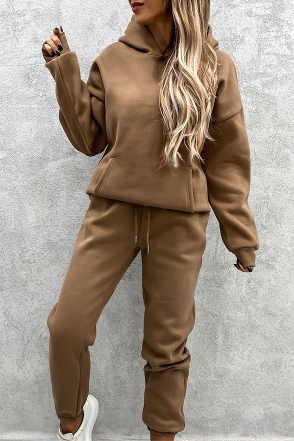 Vêtements de sport décontractés, ensemble deux pièces à manches longues avec capuche et poches, coupe ample (4 couleurs)