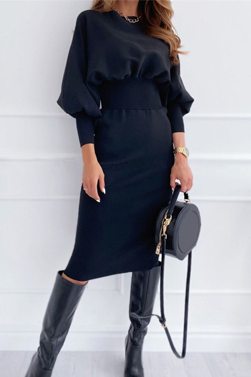 Fashion Casual Solid Patchwork Fold O Neck Waist Skirt Dresses