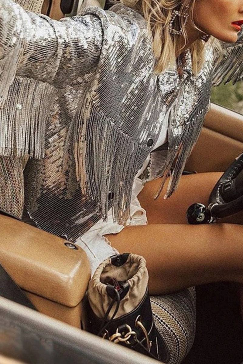 Vêtements d'extérieur décontractés, style streetwear, à franges, paillettes, patchwork et col montant.