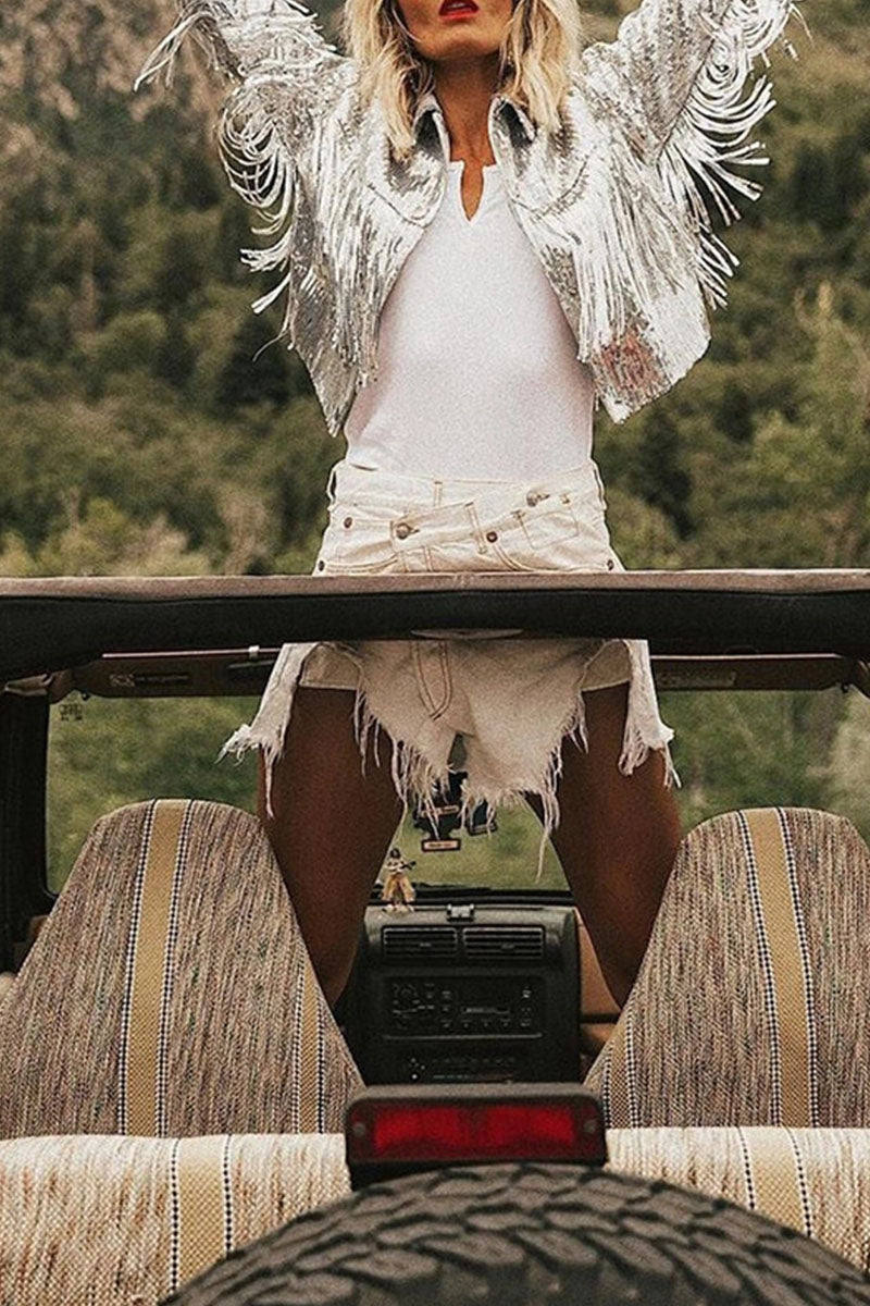 Vêtements d'extérieur décontractés, style streetwear, à franges, paillettes, patchwork et col montant.