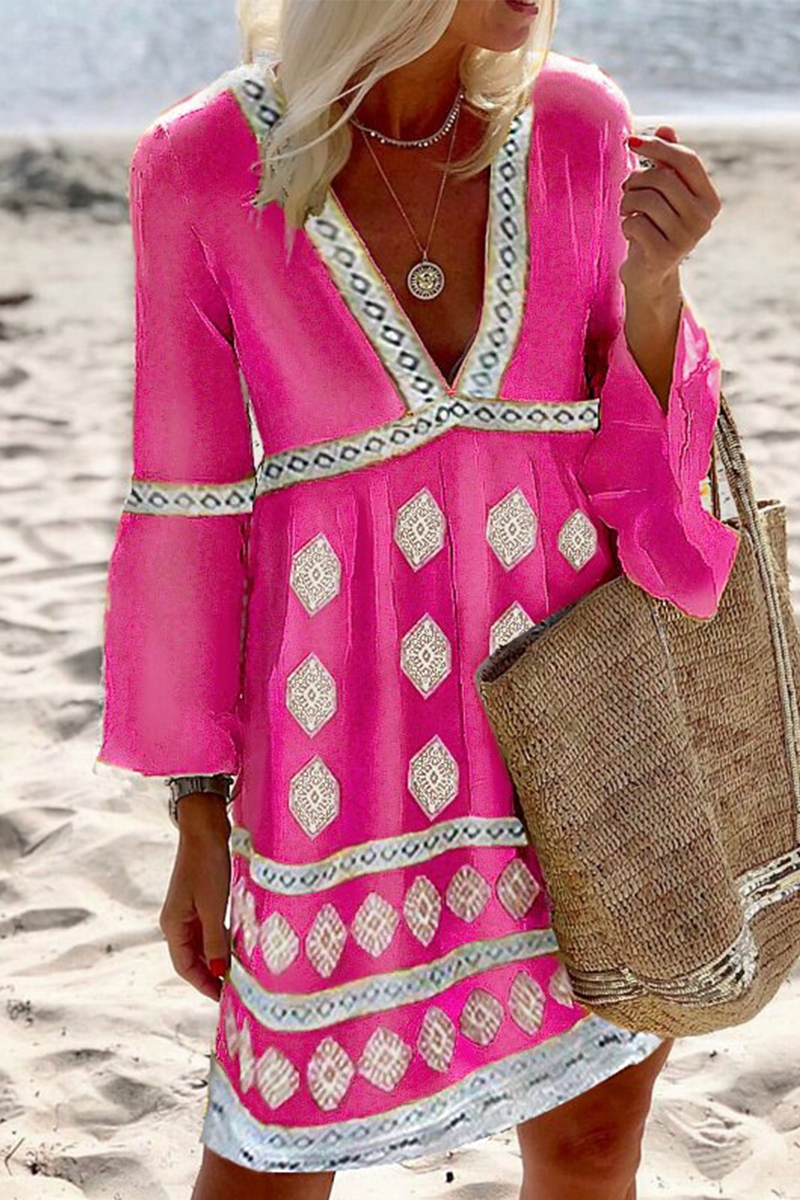 Robes-jupes patineuse casual à imprimé et empiècements, avec décolleté en V (4 couleurs)