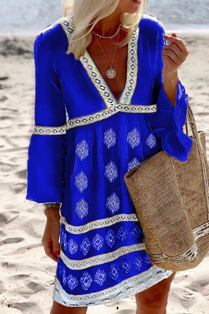 Robes-jupes patineuse casual à imprimé et empiècements, avec décolleté en V (4 couleurs)