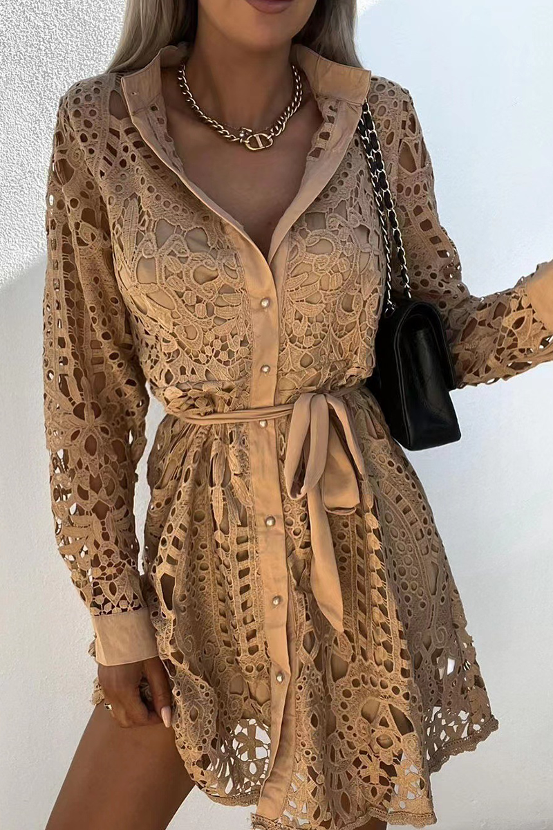 Robes décontractées en dentelle, col montant, taille cintrée (3 couleurs)