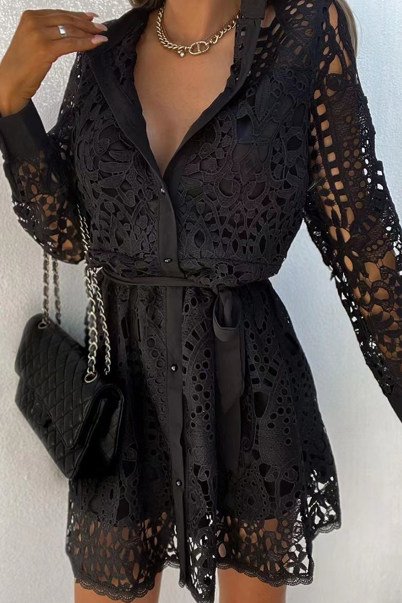 Robes décontractées en dentelle, col montant, taille cintrée (3 couleurs)