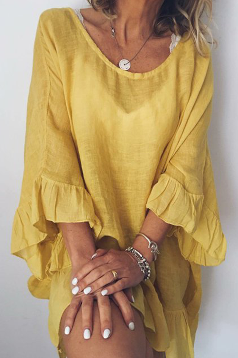 Robes décontractées, unies, à volants, col rond et coupe droite (4 couleurs)