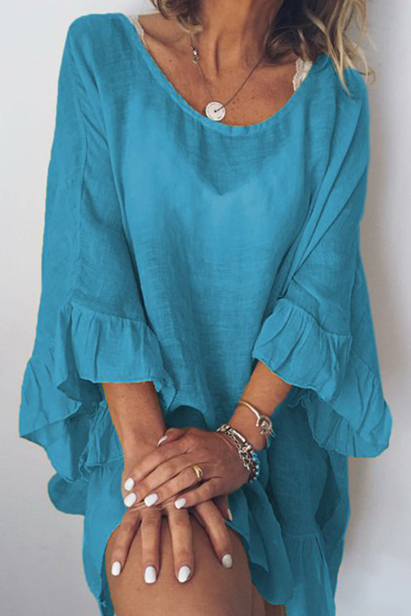 Robes décontractées, unies, à volants, col rond et coupe droite (4 couleurs)