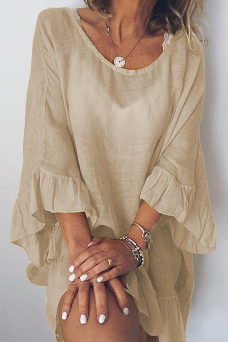 Robes décontractées, unies, à volants, col rond et coupe droite (4 couleurs)