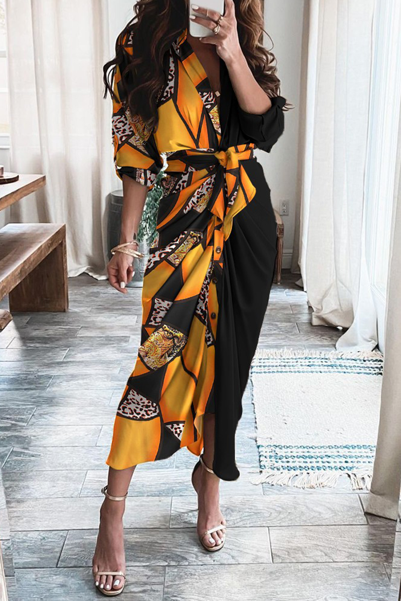 Robes-jupes décontractées à imprimé et empiècements, avec décolleté en V et taille marquée (12 couleurs)