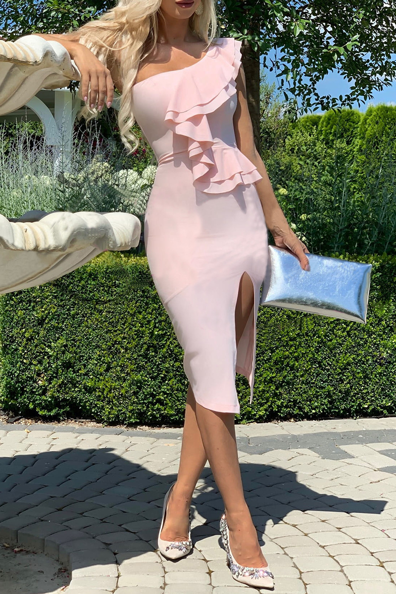 Robes-taille crayon décontractées, simples, à volants, à un seul épaulet (3 couleurs)