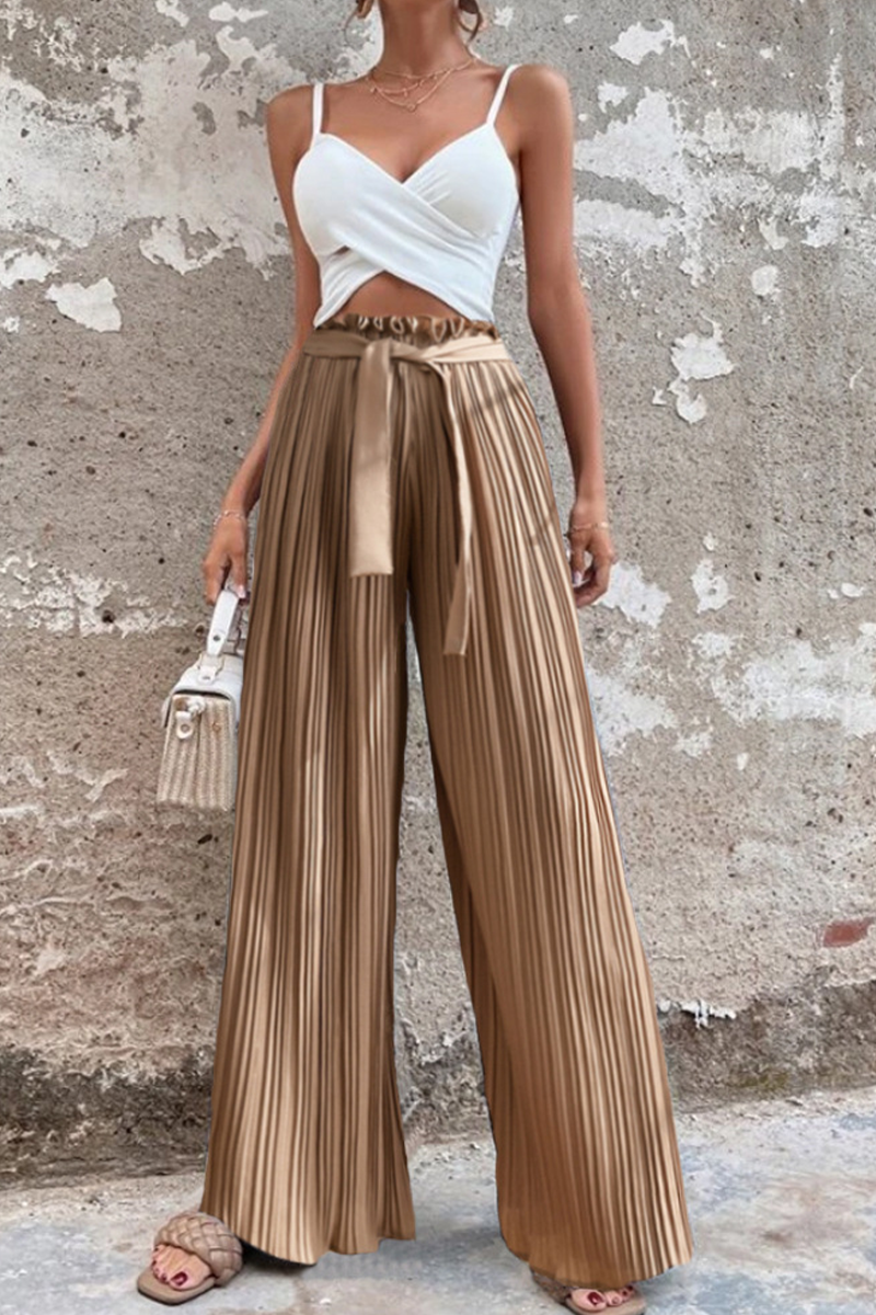 Fashion Solid Fold Loose Mid Waist Wide Leg Solid Color Bottoms(4 colors)