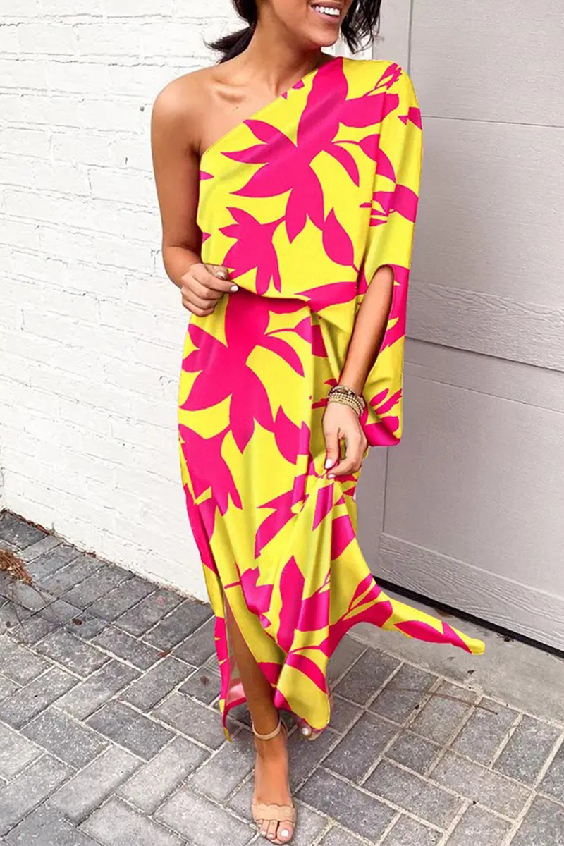 Casual Print Patchwork One Shoulder Waist Skirt Dresses(5 colors)