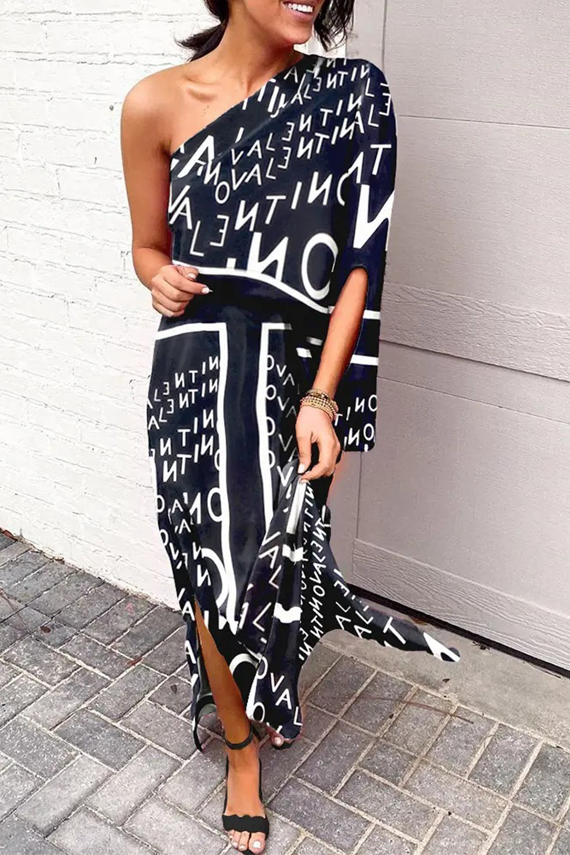 Casual Print Patchwork One Shoulder Waist Skirt Dresses(5 colors)