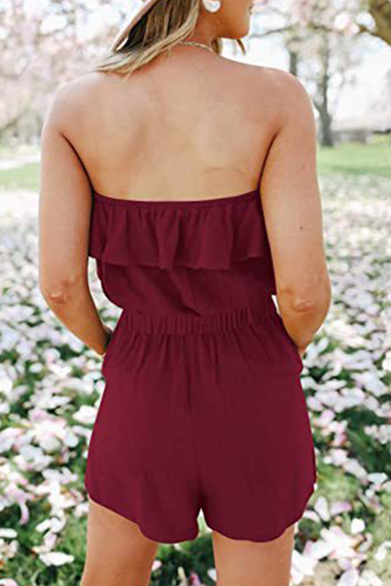 Jumpsuit droite sans bretelles à volants, uni et décontracté (5 couleurs)