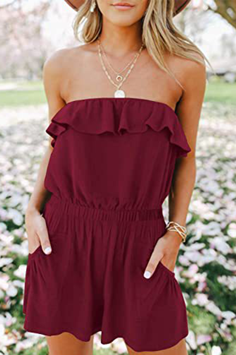 Jumpsuit droite sans bretelles à volants, uni et décontracté (5 couleurs)