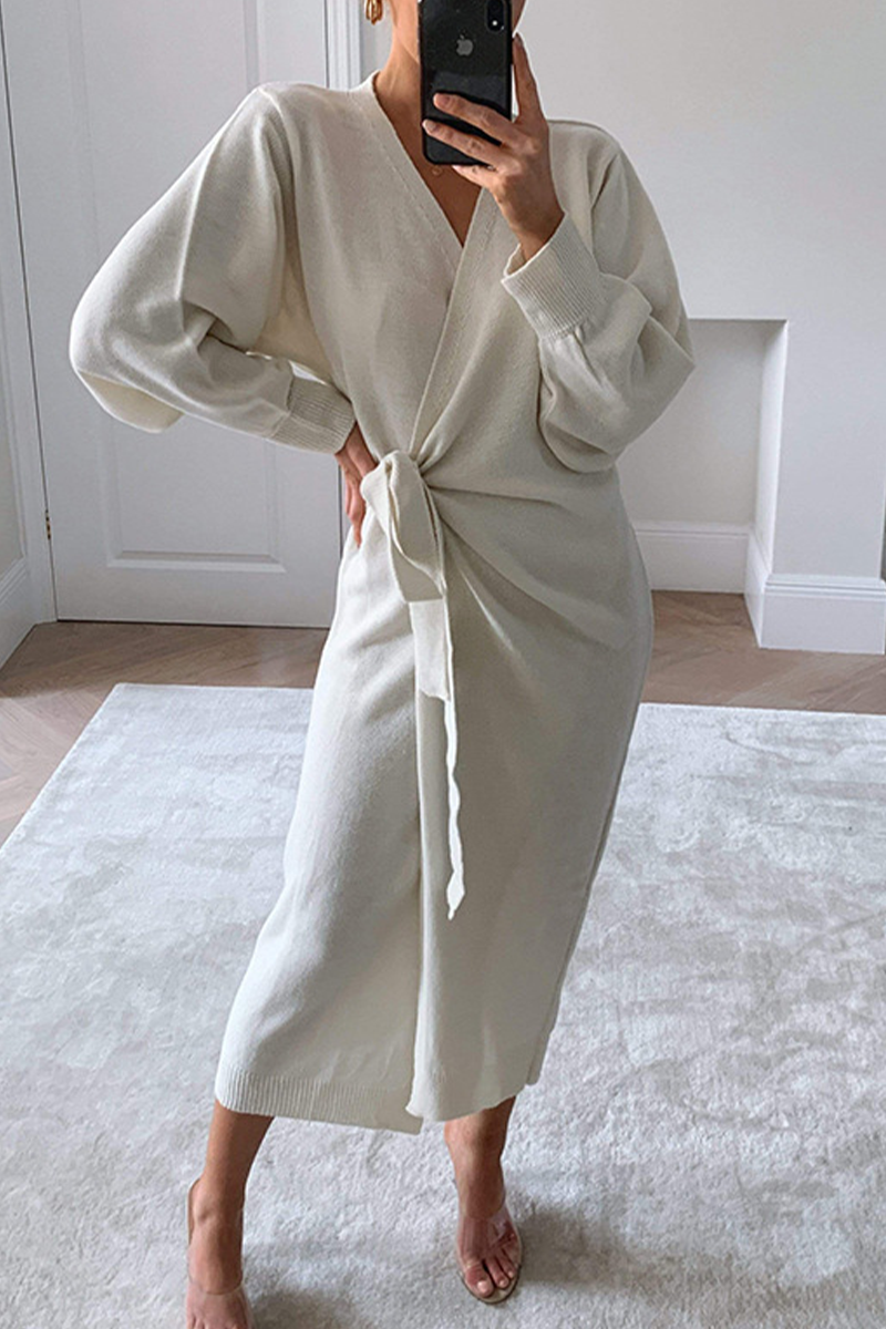 Casual Solid Patchwork V Neck Waist Skirt Dresses(5 Colors)